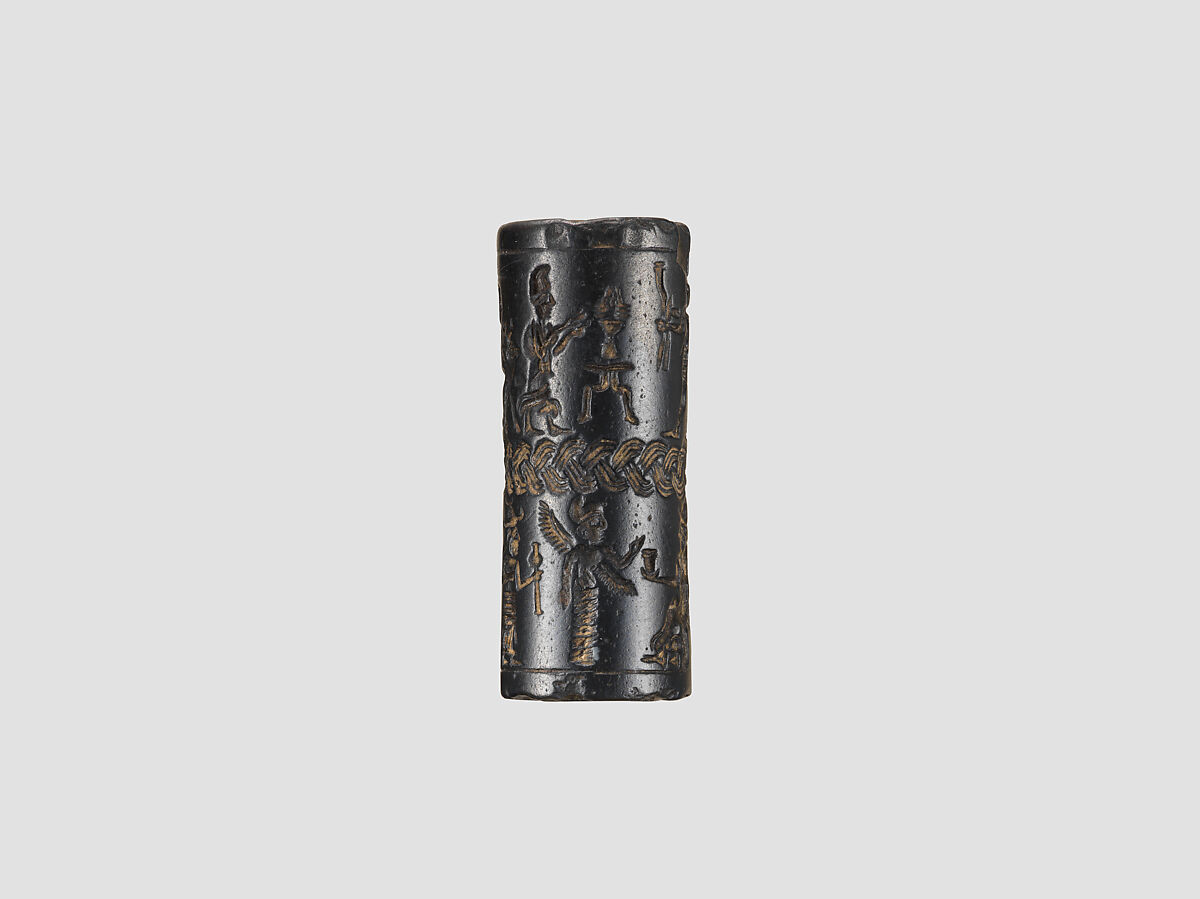 Cylinder seal and modern impression: royal figures approaching weather god; divinities, Hematite