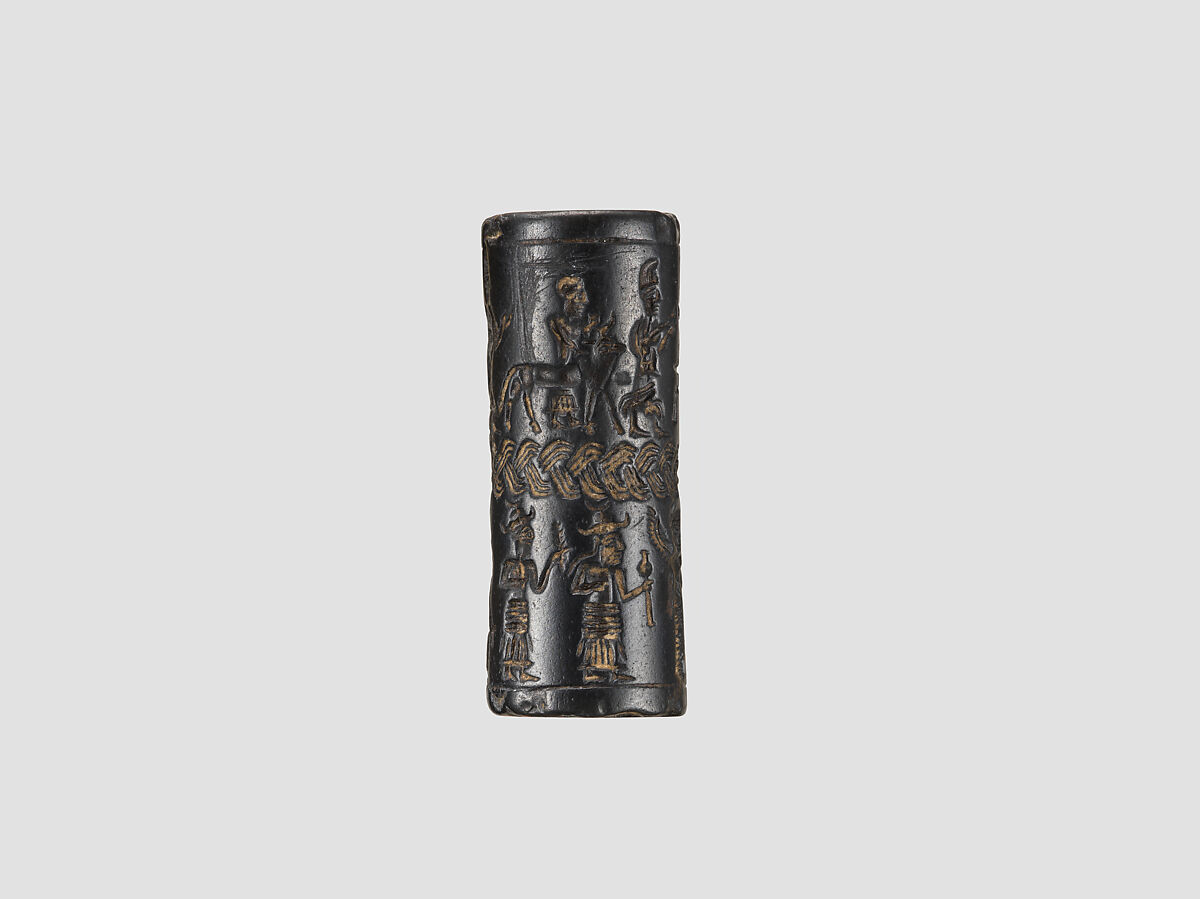 Cylinder seal and modern impression: royal figures approaching weather god; divinities, Hematite