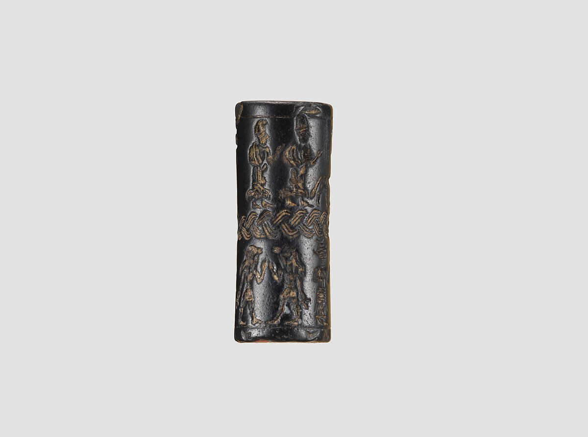 Cylinder seal and modern impression: royal figures approaching weather god; divinities, Hematite