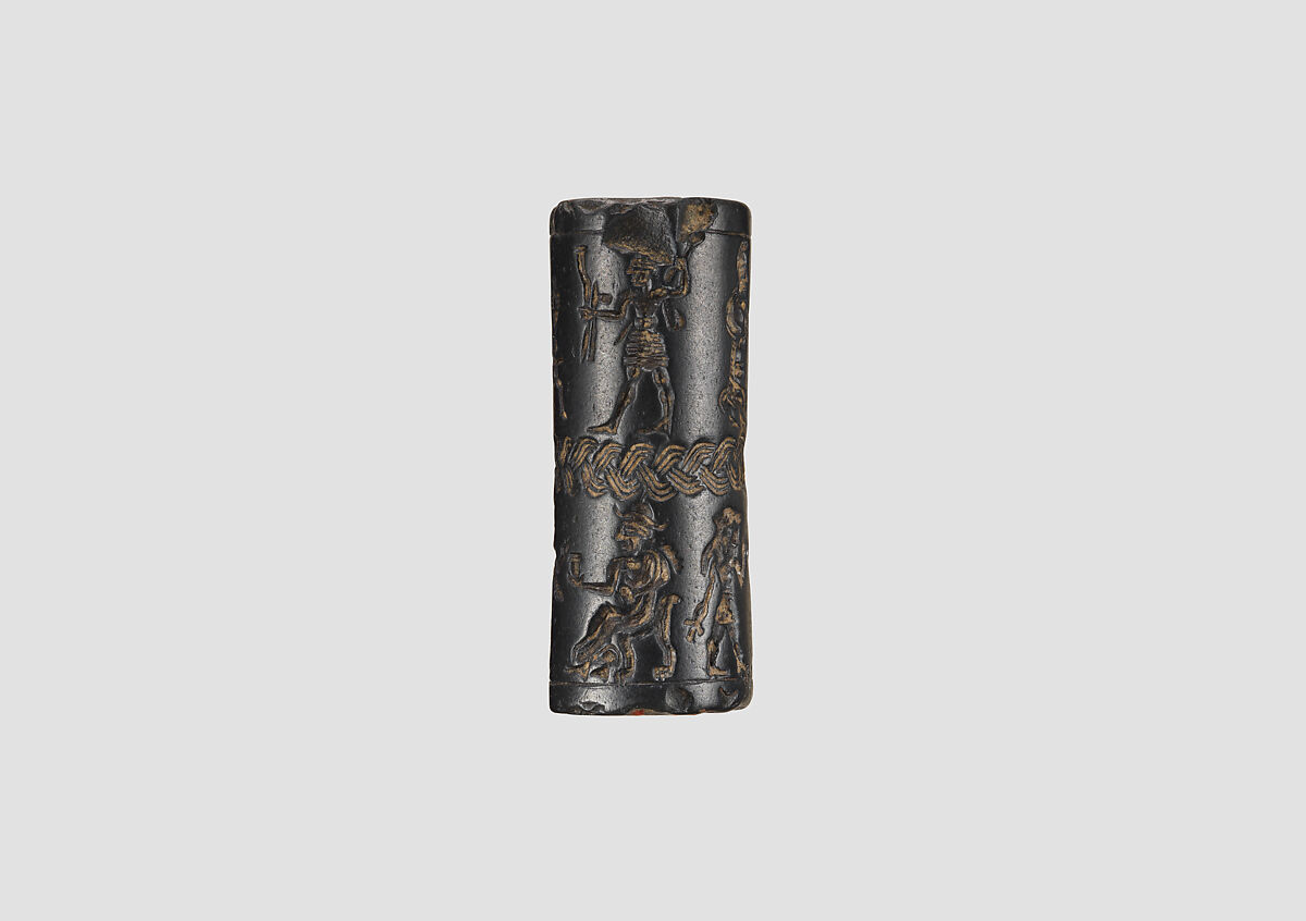 Cylinder seal and modern impression: royal figures approaching weather god; divinities, Hematite