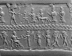 Cylinder seal and modern impression: royal figures approaching weather god; divinities