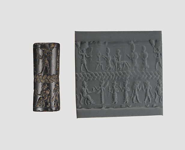 Cylinder seal and modern impression: royal figures approaching weather god; divinities