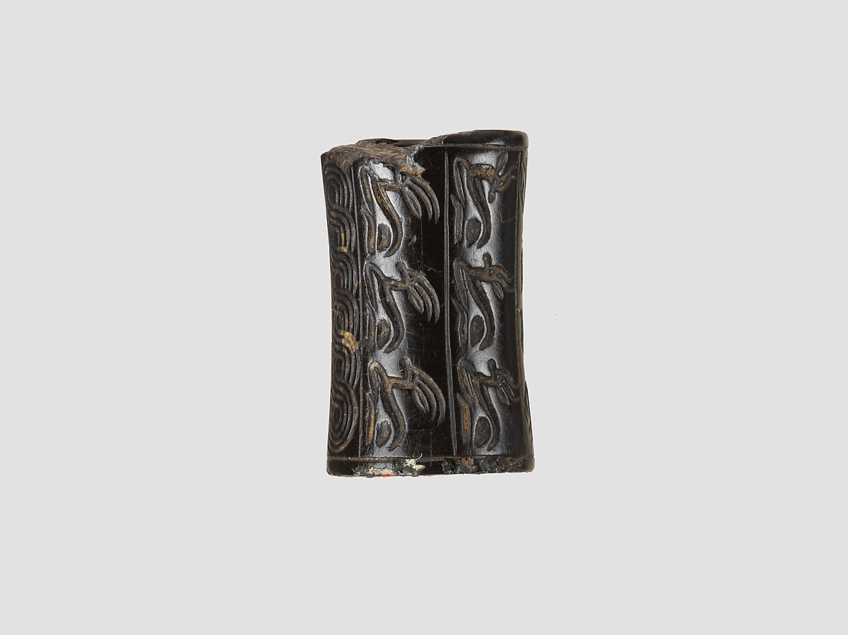 Cylinder seal and modern impression: rows of animals; falcons flanking goat, Taweret goddesses, Stone