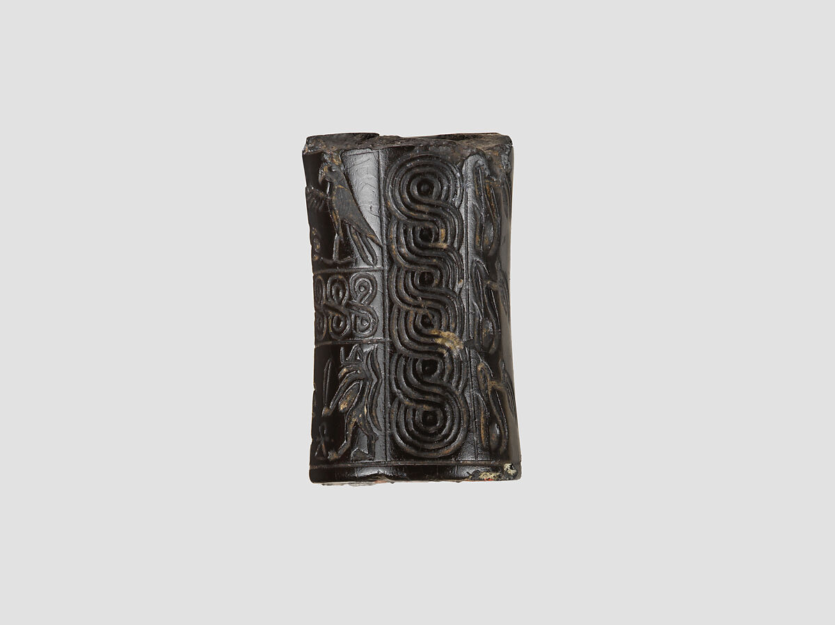 Cylinder seal and modern impression: rows of animals; falcons flanking goat, Taweret goddesses, Stone