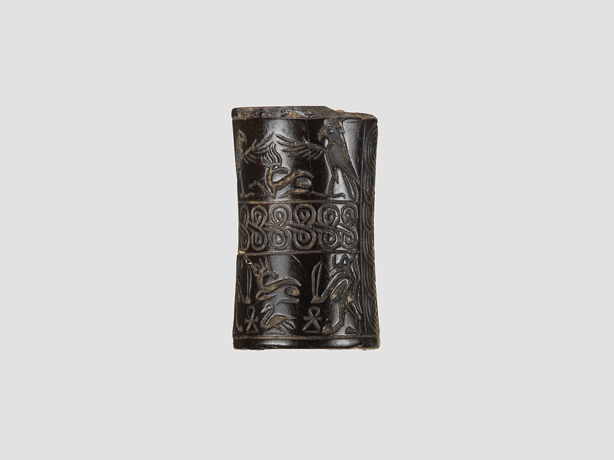 Cylinder seal and modern impression: rows of animals; falcons flanking goat, Taweret goddesses, Stone