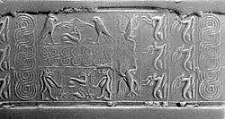 Cylinder seal and modern impression: rows of animals; falcons flanking goat, Taweret goddesses