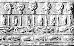 Cylinder seal and modern impression: four registers: hands, human and goat heads
