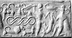 Cylinder seal and modern impression: male and griffin demon slaying animal; terminal: animal attack scenes, guilloche, Hematite, Mitanni 