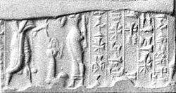 Cylinder seal and modern impression: confronted king and goddess (?), five rows of inscription, Hematite 