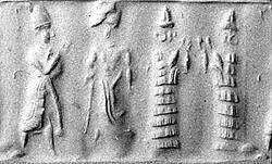 Cylinder seal and modern impression: suppliant goddesses and worshipers, Hematite, Babylonian 