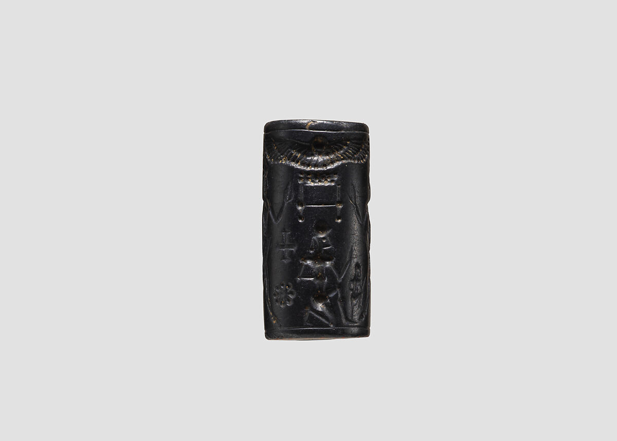 Cylinder seal and modern impression: two bullmen flanking sun-disc; horse, griffin, Hematite, Mitanni