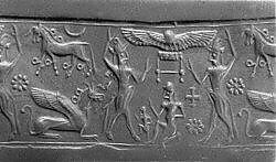 Cylinder seal and modern impression: two bullmen flanking sun-disc; horse, griffin