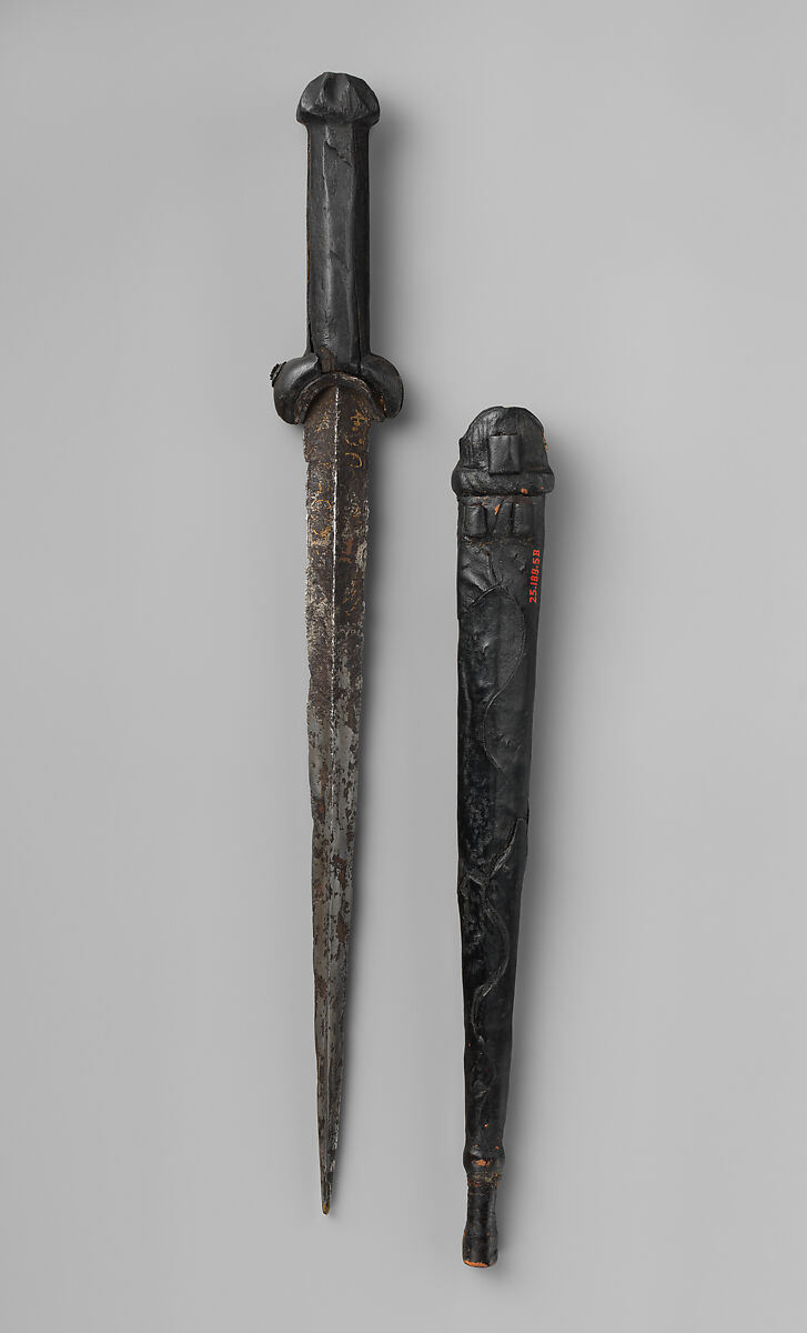 Ballock Knife with Sheath, Steel, wood, gold, British