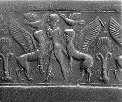 Cylinder seal and modern impression: human figure flanked by sphinxes, birds
