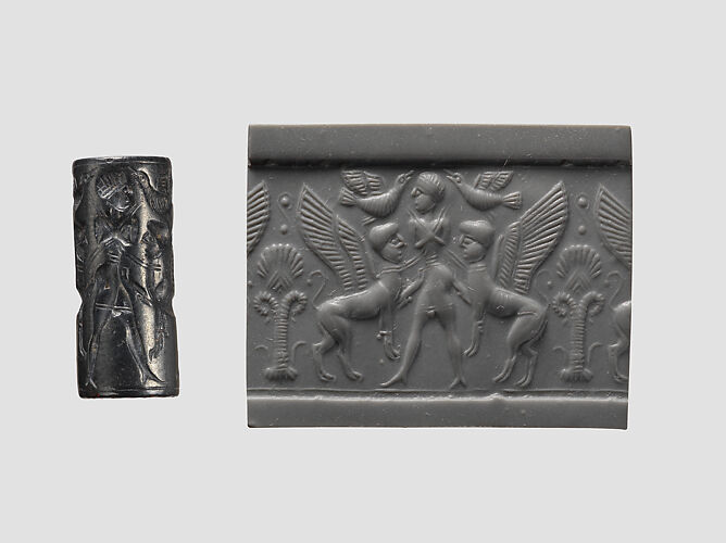 Cylinder seal and modern impression: human figure flanked by sphinxes, birds