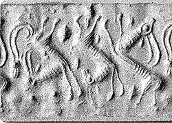 Cylinder seal and modern impression: horned animals, Hematite, Cypriot 