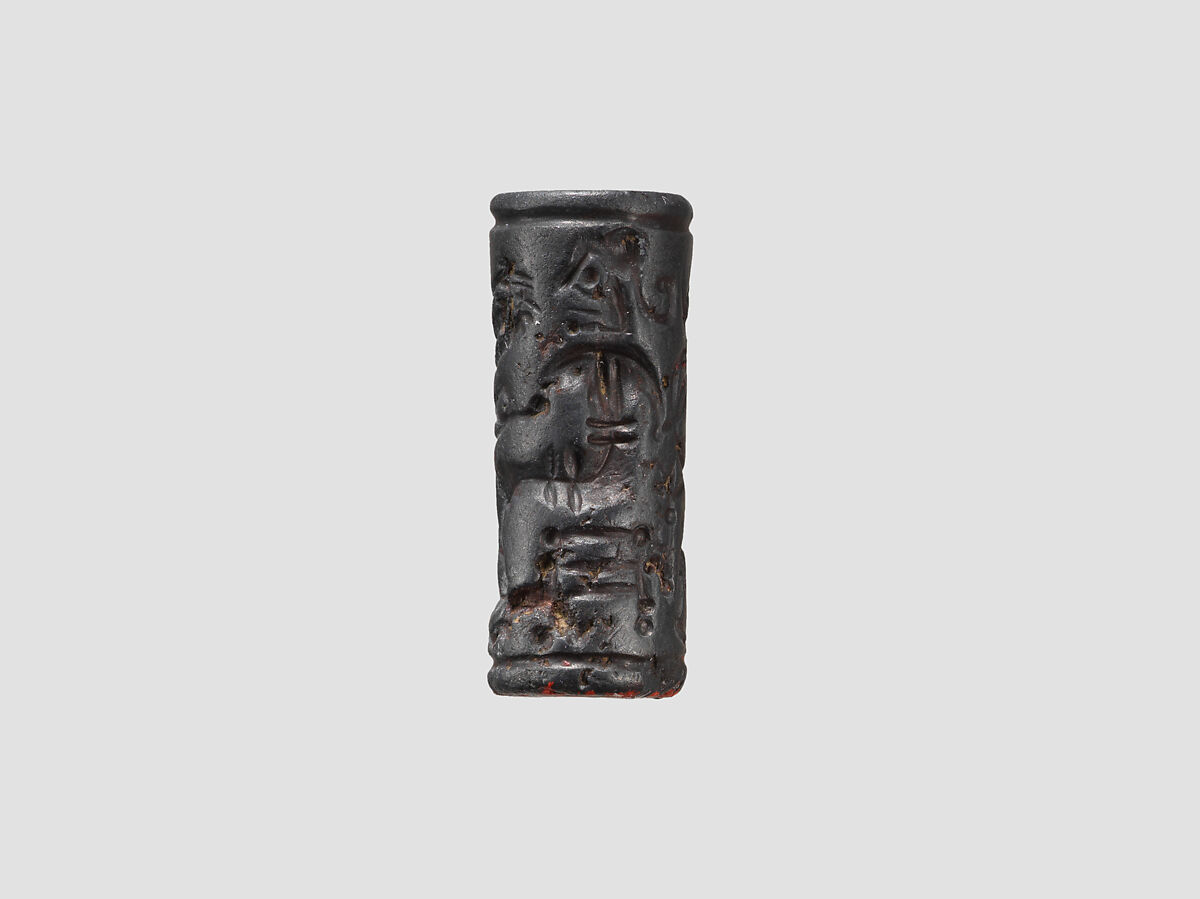 Cylinder seal and modern impression: confronted upright lion and griffin before a seated figure, Hematite, Cypriot