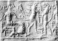 Cylinder seal and modern impression: confronted upright lion and griffin before a seated figure, Hematite, Cypriot 