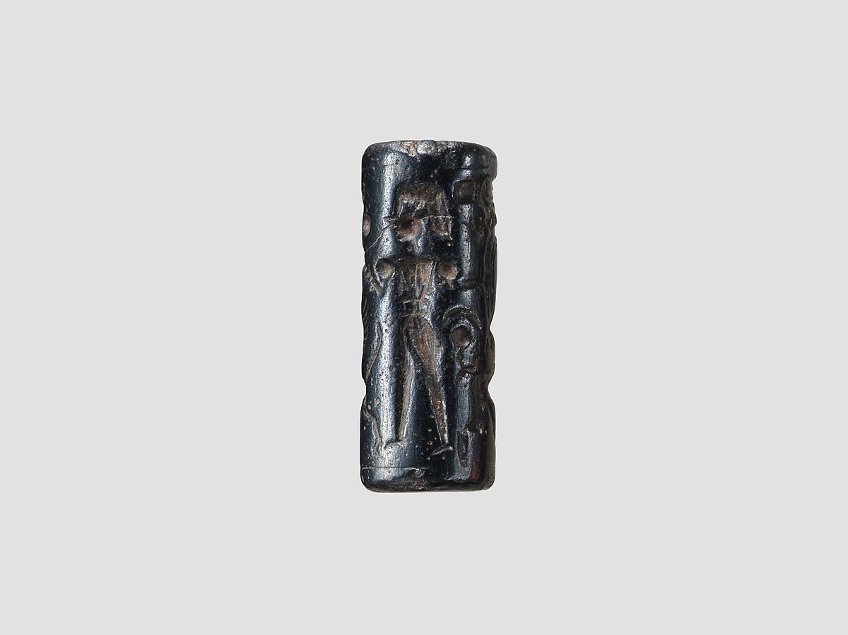Cylinder seal and modern impression: palmette tree flanked by winged griffin and caprid; figure between them with raised hands; ingot, Hematite, Cypriot