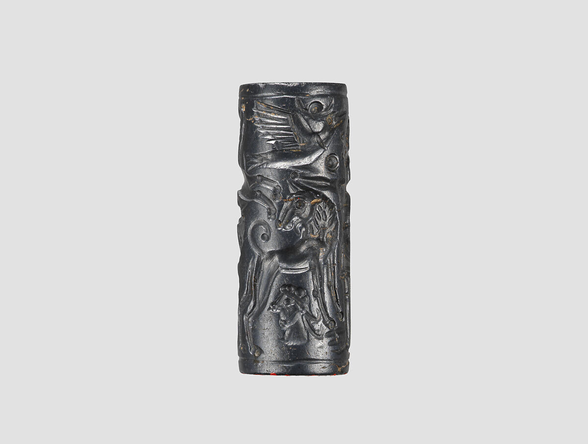 Cylinder seal and modern impression: Master of Animals between lions, griffins, Minoan genius, Hematite