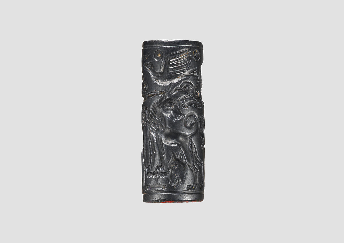 Cylinder seal and modern impression: Master of Animals between lions, griffins, Minoan genius, Hematite