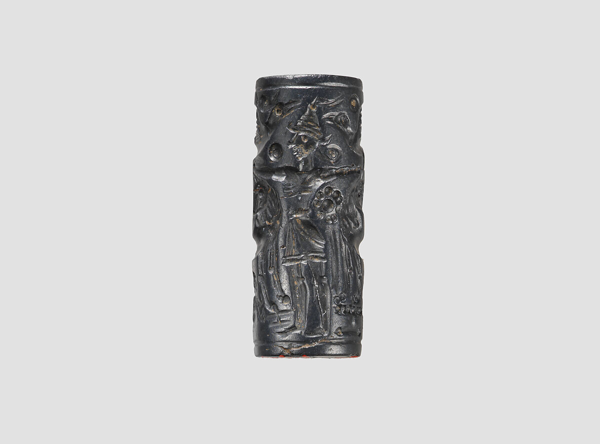 Cylinder seal and modern impression: Master of Animals between lions, griffins, Minoan genius, Hematite