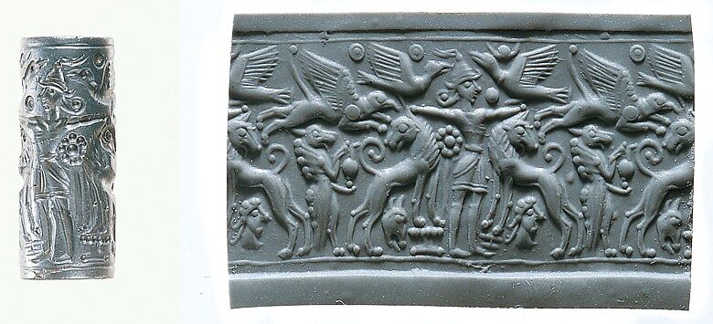 Cylinder seal and modern impression: Master of Animals between lions, griffins, Minoan genius, Hematite