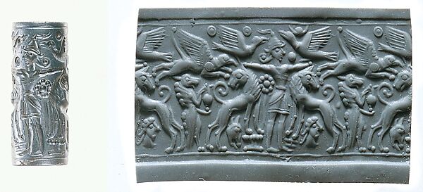 Cylinder seal and modern impression: Master of Animals between lions, griffins, Minoan genius