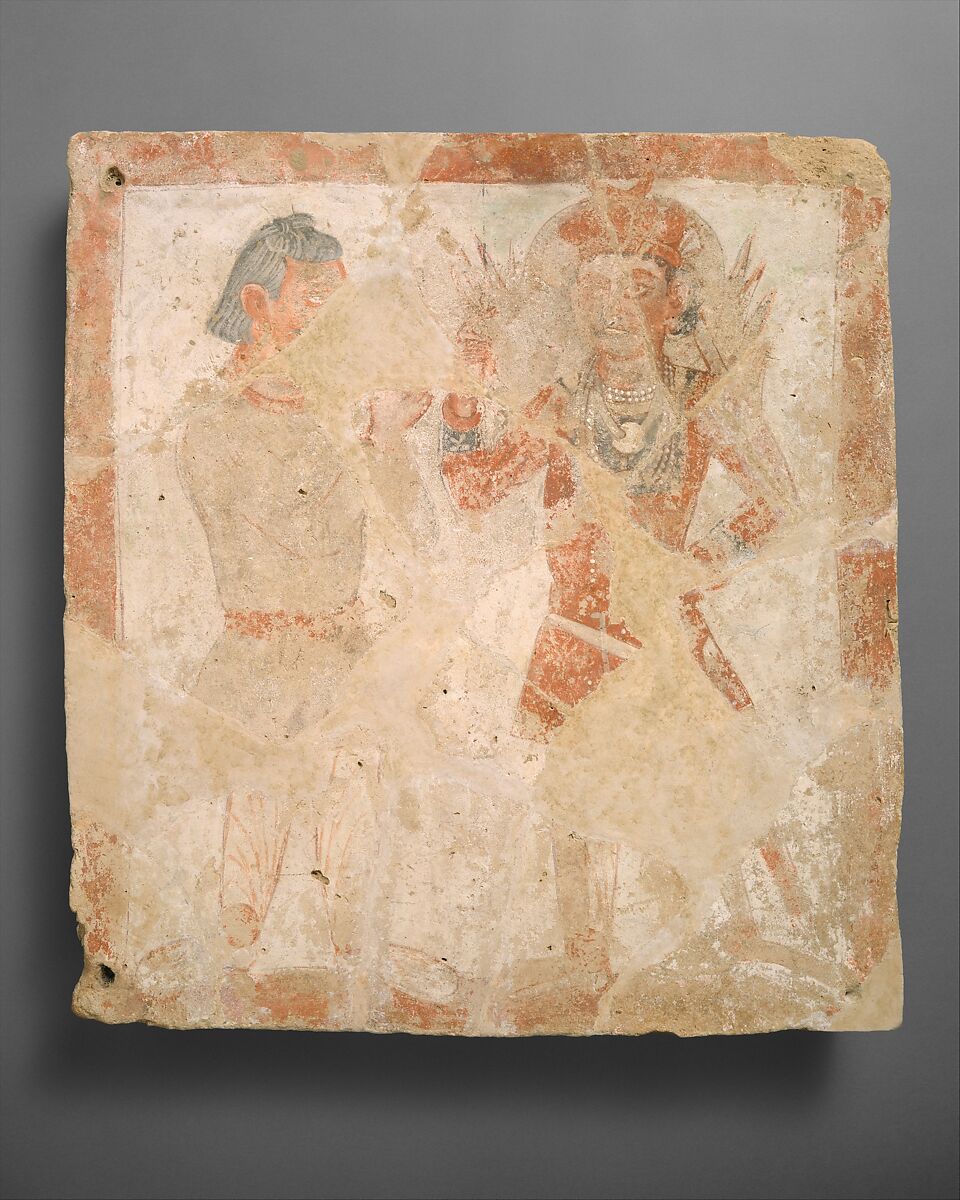 Panel with the god Pharro and worshiper, Terracotta, gouache, Kushan 