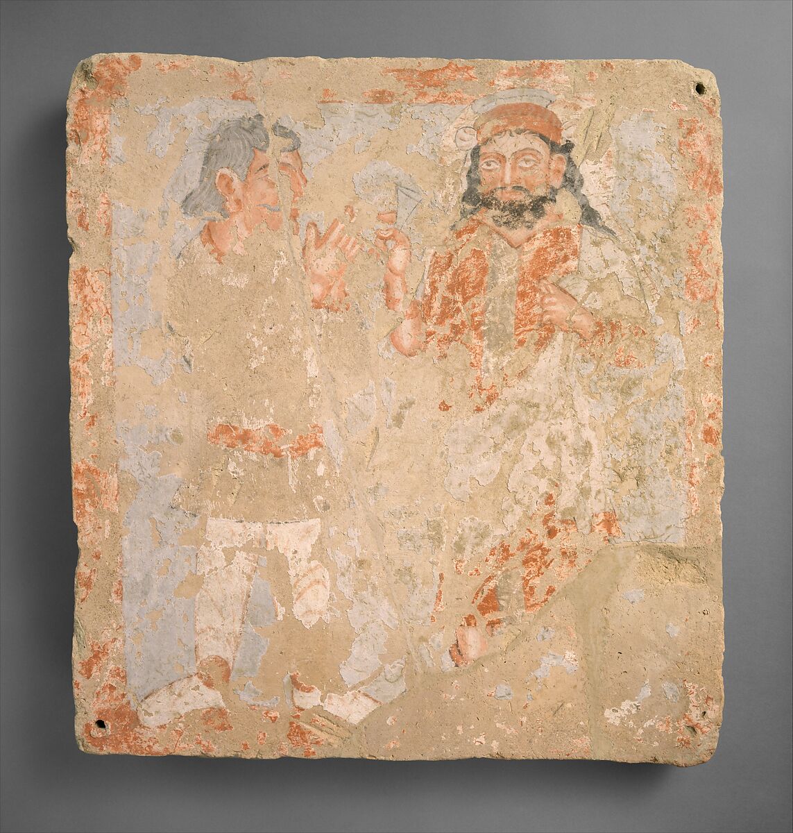 Panel with the god Zeus/Serapis/Ohrmazd and worshiper, Terracotta, gouache, Kushan 