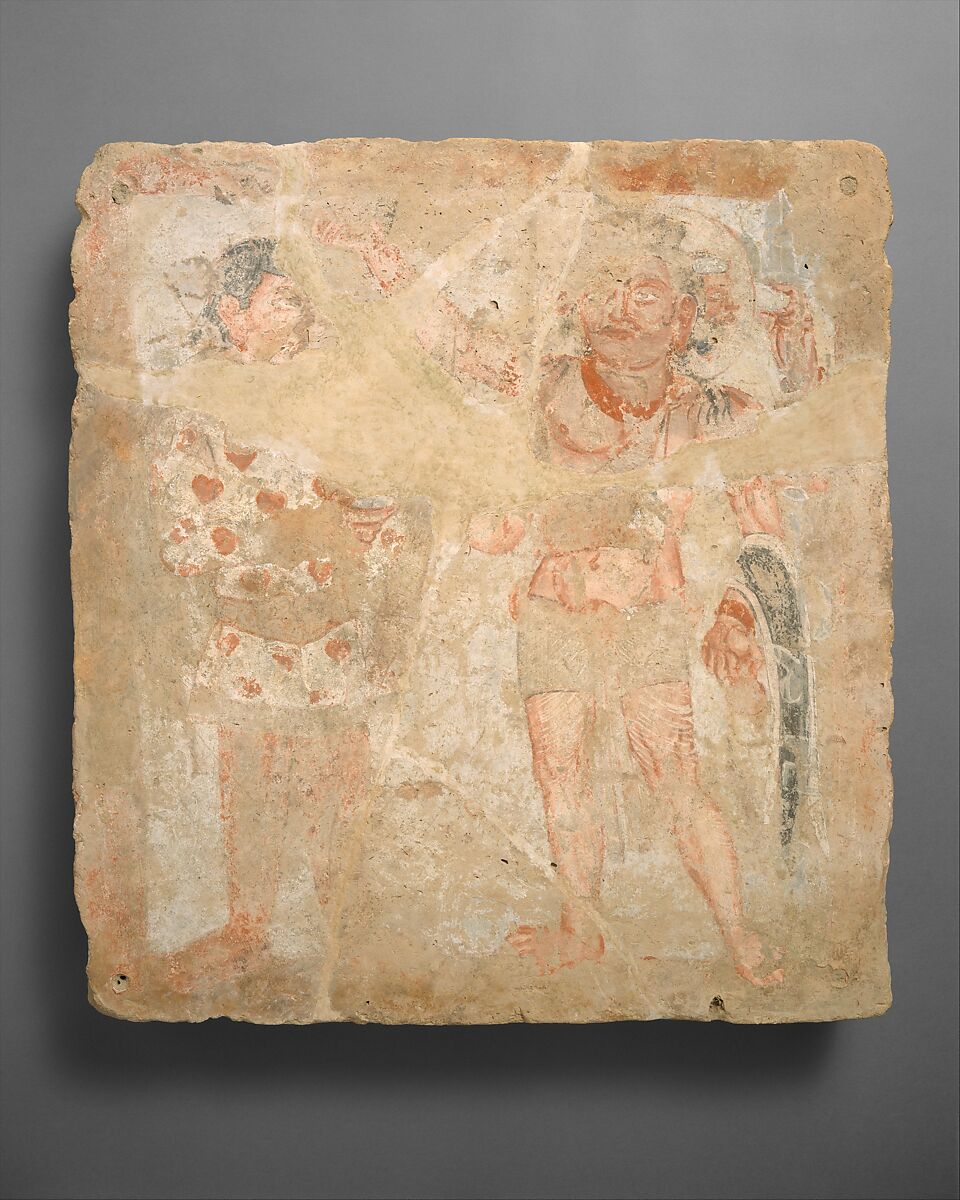 Panel with the god Shiva/Oesho and worshiper, Terracotta, gouache, Kushan 
