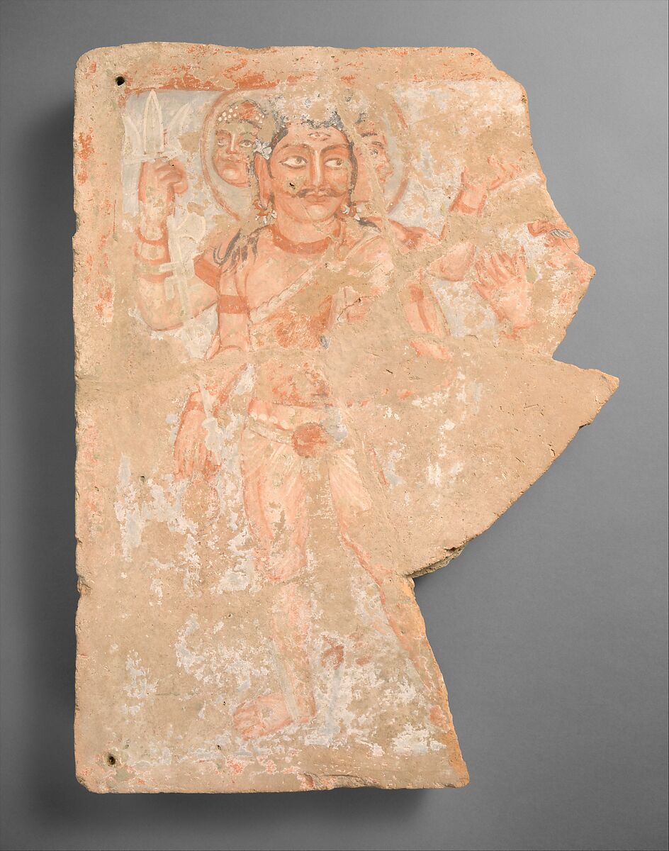 Panel fragment with the god Shiva/Oesho, Terracotta, gouache, Kushan 