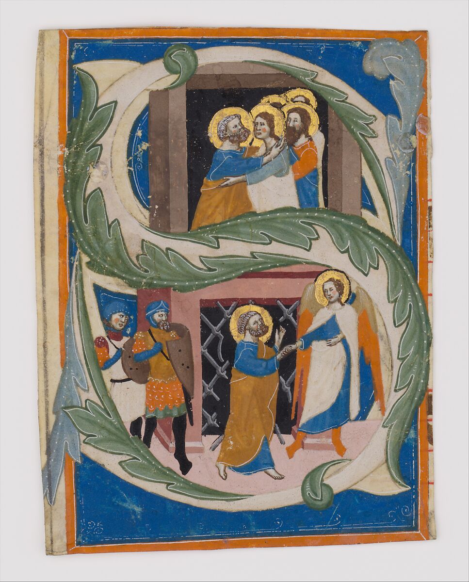 Initial S with Saint Peter Liberated from Prison, Tempera, gold, and ink on parchment, Italian 