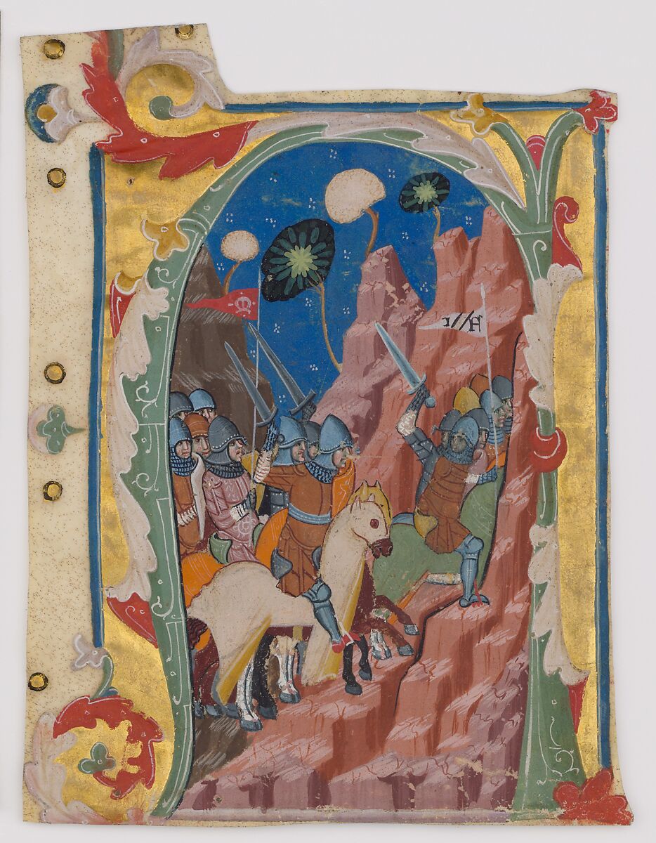 Initial A with the Battle of the Maccabees, Tempera, gold, and ink on parchment, Italian 