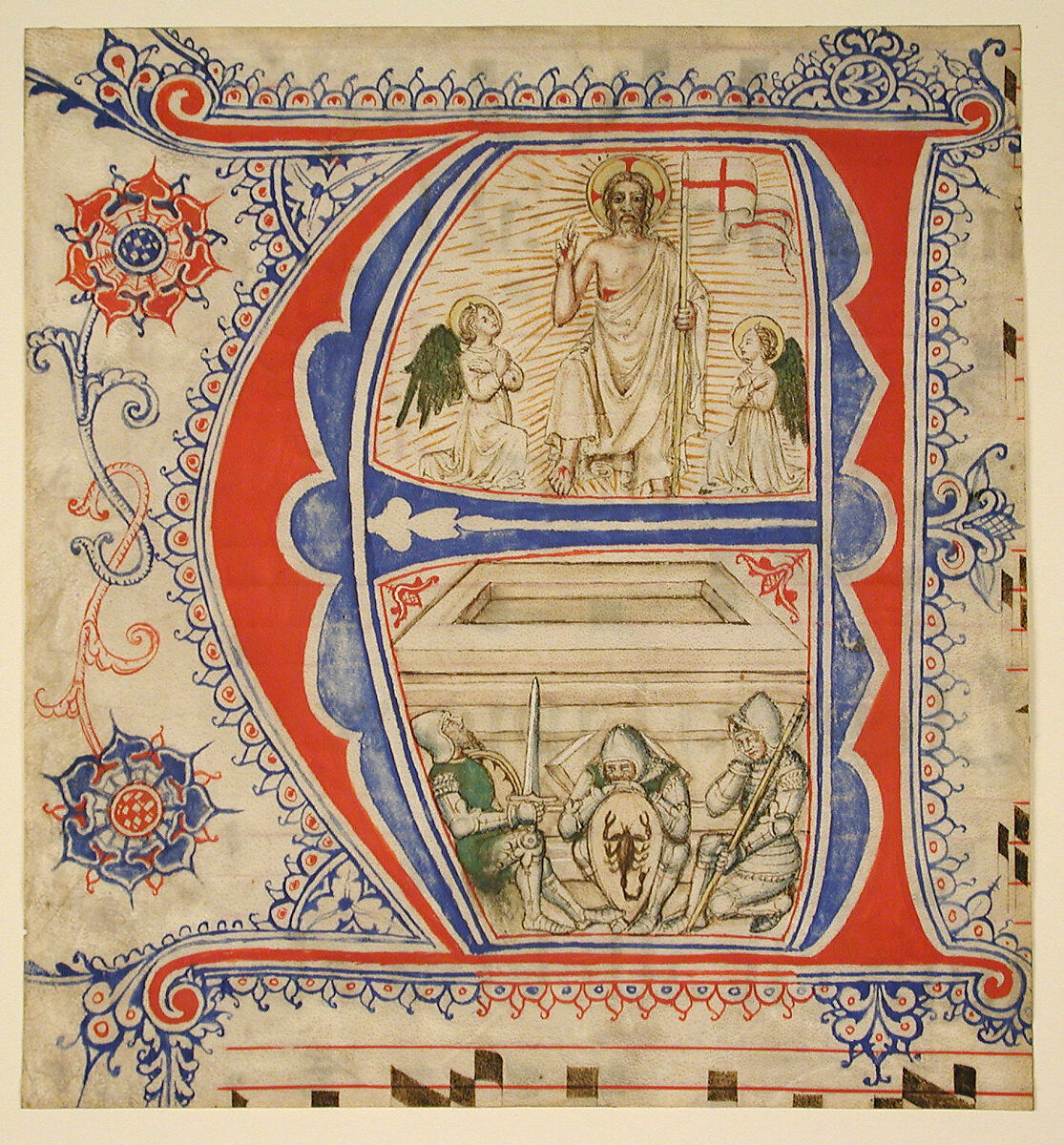 Manuscript Leaf Showing an Illuminated Initial A and The Resurrection, Parchment, tempera, ink, metal leaf, North Italian 