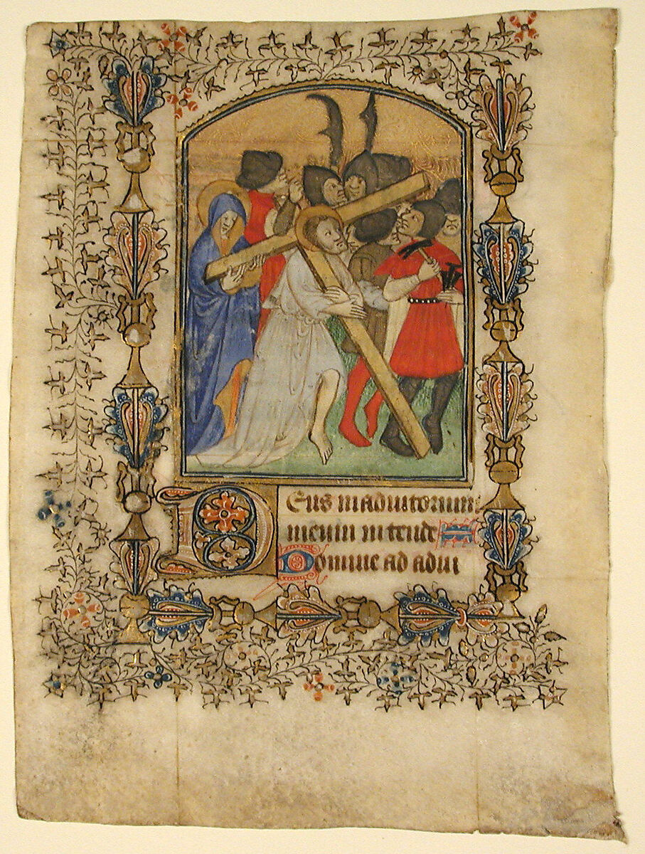 Manuscript Leaf from a Book of Hours Showing an Illuminated Initial D and Christ Bearing the Cross, Parchment, tempera, ink, metal leaf, French 