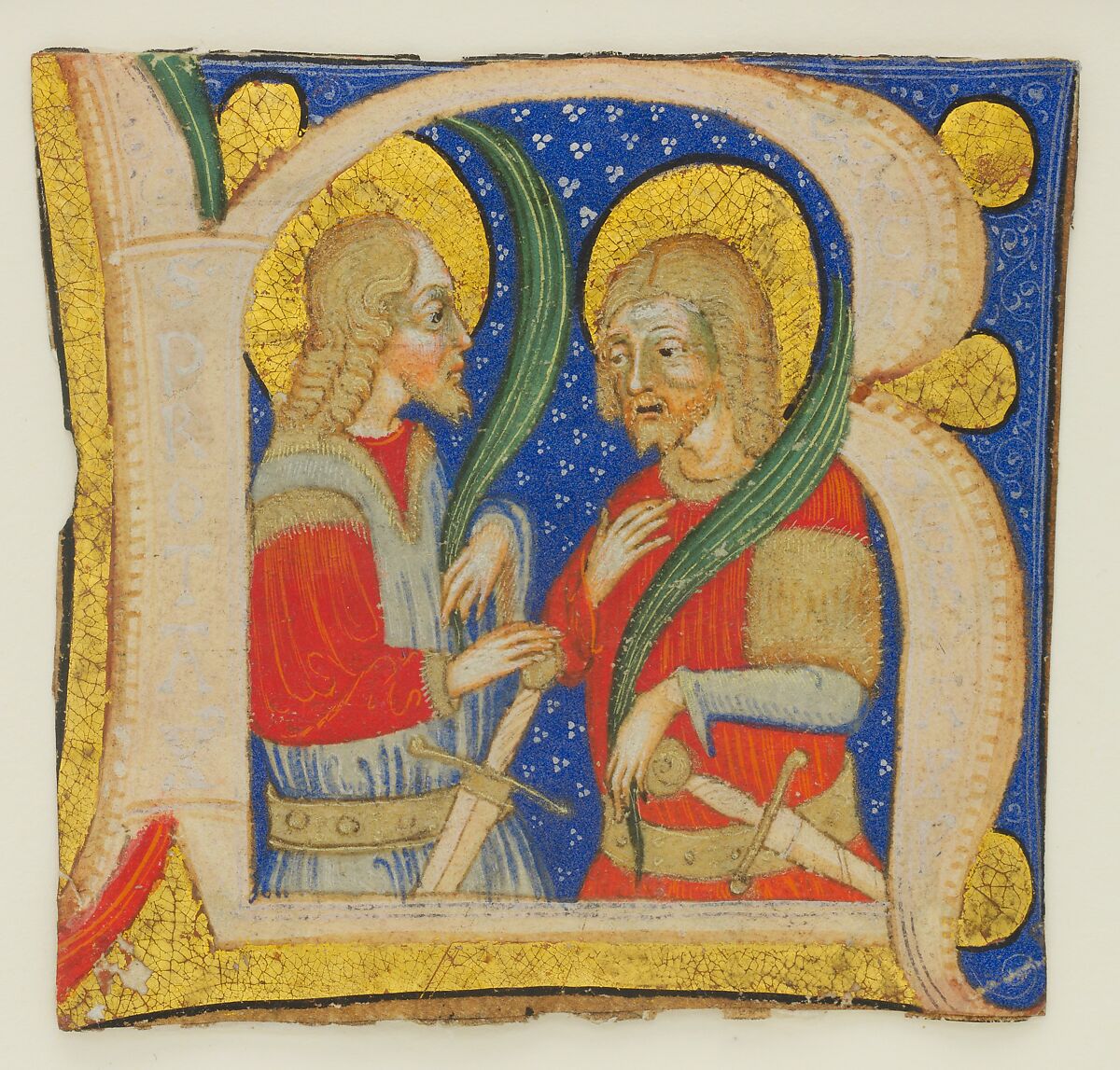Manuscript Leaf Cutting showing an Illuminated Initial R with St. Protasius and St. Gervasius, Olivetan Master (Italian, active Milan, ca. 1425–ca. 1450), Tempera, gold, and ink on parchment, Italian 
