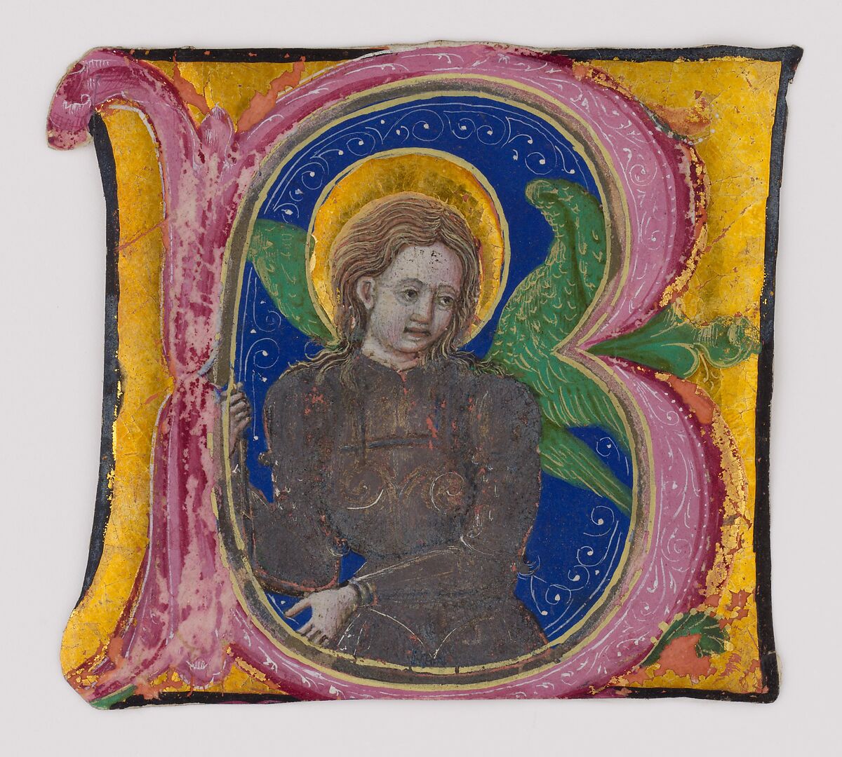 Manuscript Leaf Cutting from a Choir Book with an Illuminated Initial B and the Archangel Michael, Tempera, gold, silver, ink on parchment, Italian 