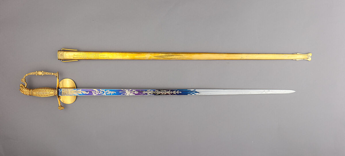 Sword and Scabbard Presented to Captain Samuel Chester Reid (1783–1861), John Targee (American, ca. 1774–1850), Gold, brass, steel, American, New York