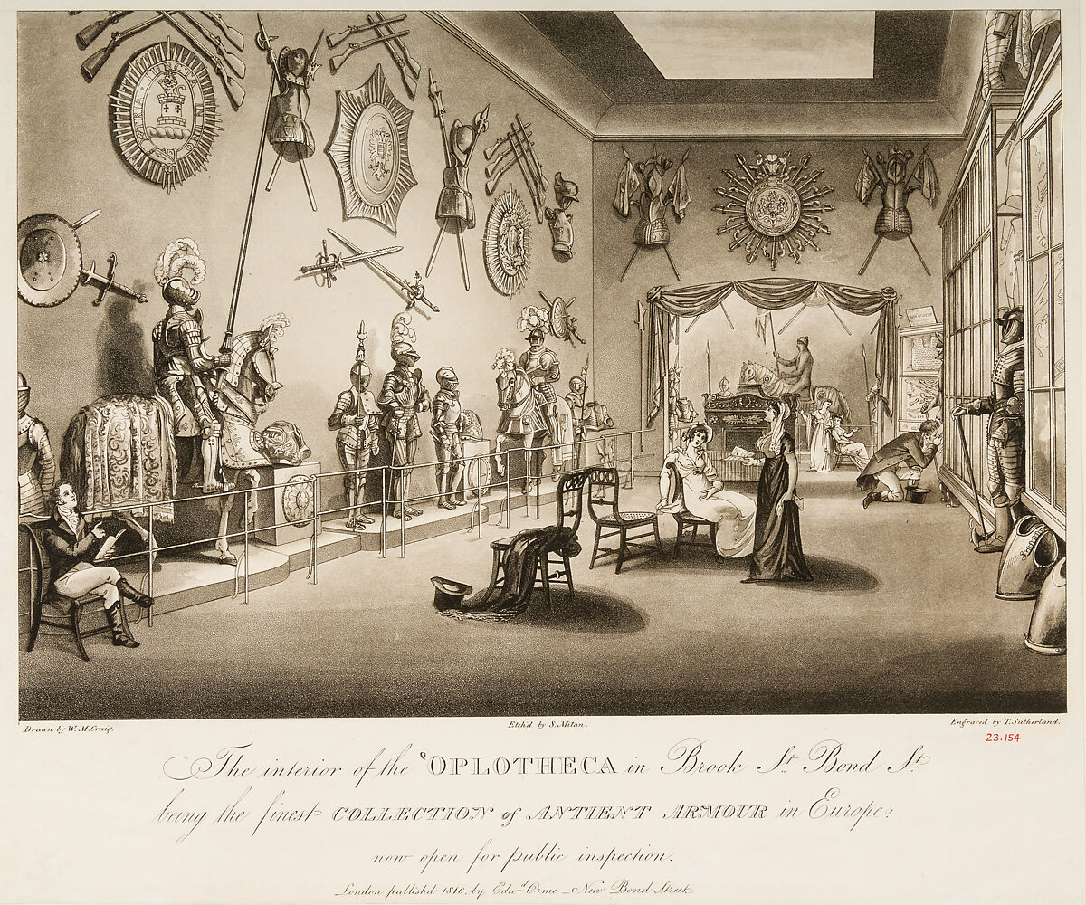 The interior of the Oplotheca in Brook St. Bond St. being the finest Collection of Antient Armour in Europe, now open for public inspection, Drawn by William Marshall Craig (British, probably Manchester ca. 1765– ca. 1834), Etching and engraving, British, London 