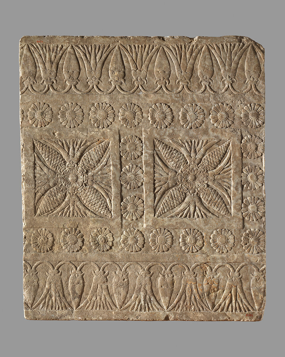 Threshold pavement slab with a carpet design, Gypsum alabaster, Assyrian 