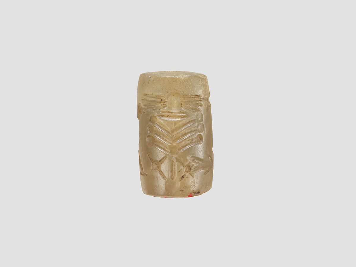 Cylinder seal with animals and divine symbols, Flawed neutral Chalcedony (Quartz), Assyrian