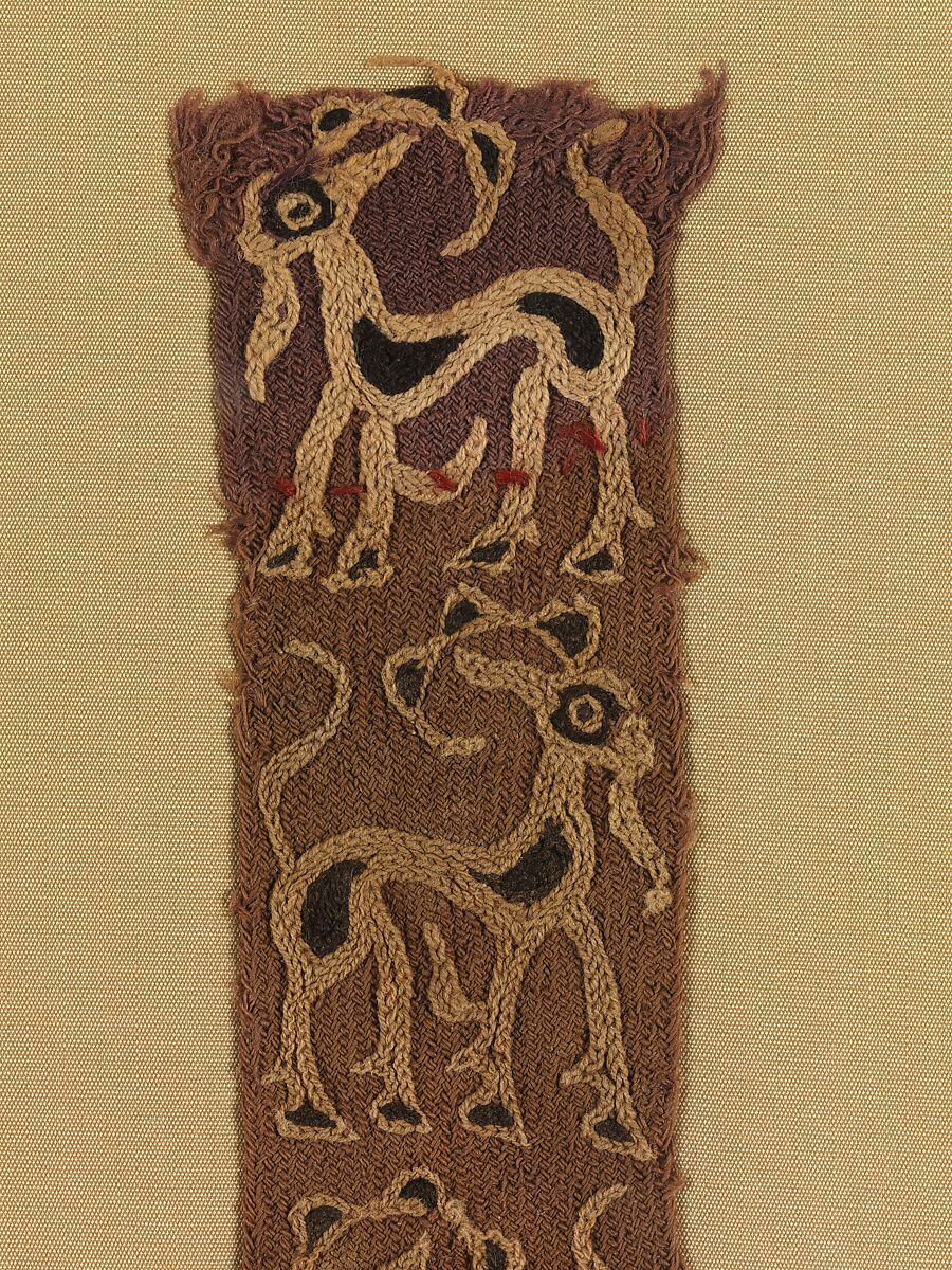 Four strips with embroidered goats, Wool, cotton (braided wool with cotton embroidery)