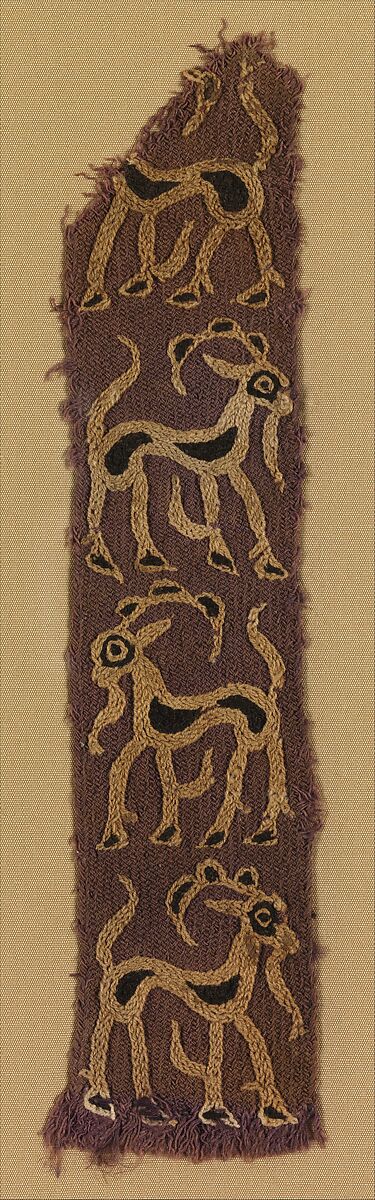 Four strips with embroidered goats, Wool, cotton (braided wool with cotton embroidery)