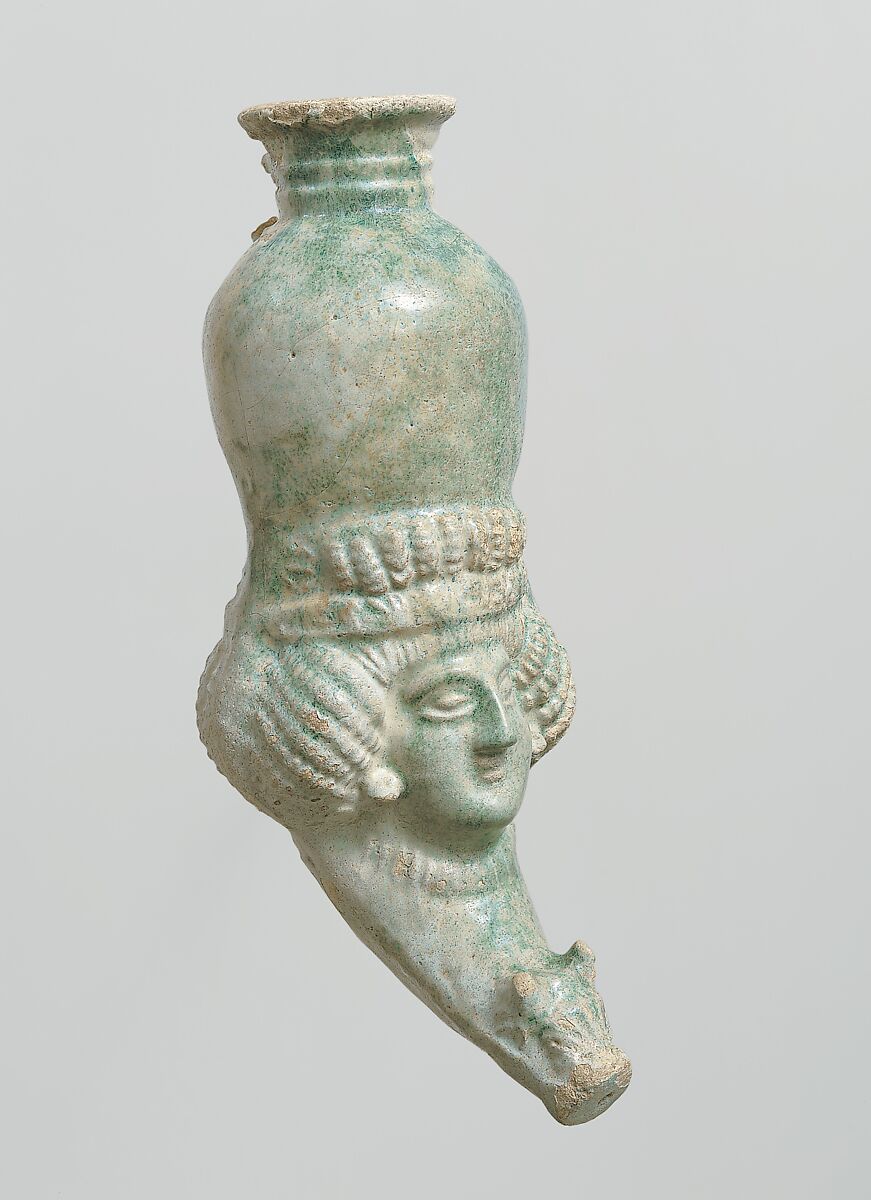 Rhyton with female head, Ceramic, glazed, Parthian or Sasanian 