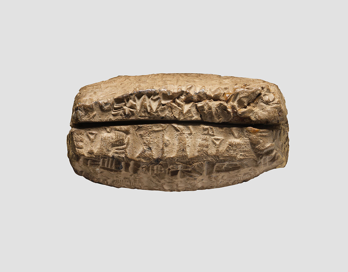 Cuneiform tablet case impressed with two cylinder seals, for cuneiform tablet 1983.135.5a: court deposition, Clay, Old Assyrian Trading Colony