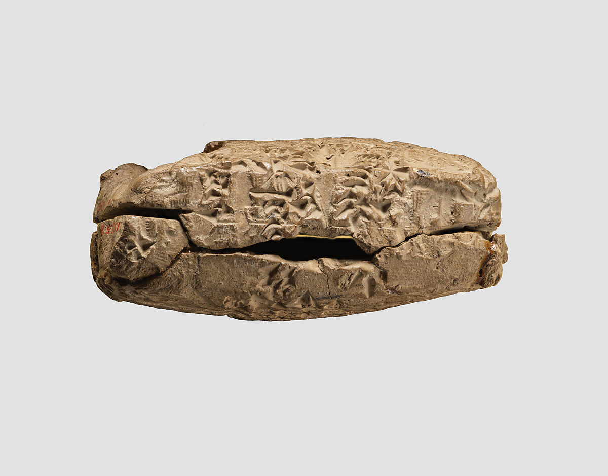Cuneiform tablet case impressed with two cylinder seals, for cuneiform tablet 1983.135.5a: court deposition, Clay, Old Assyrian Trading Colony