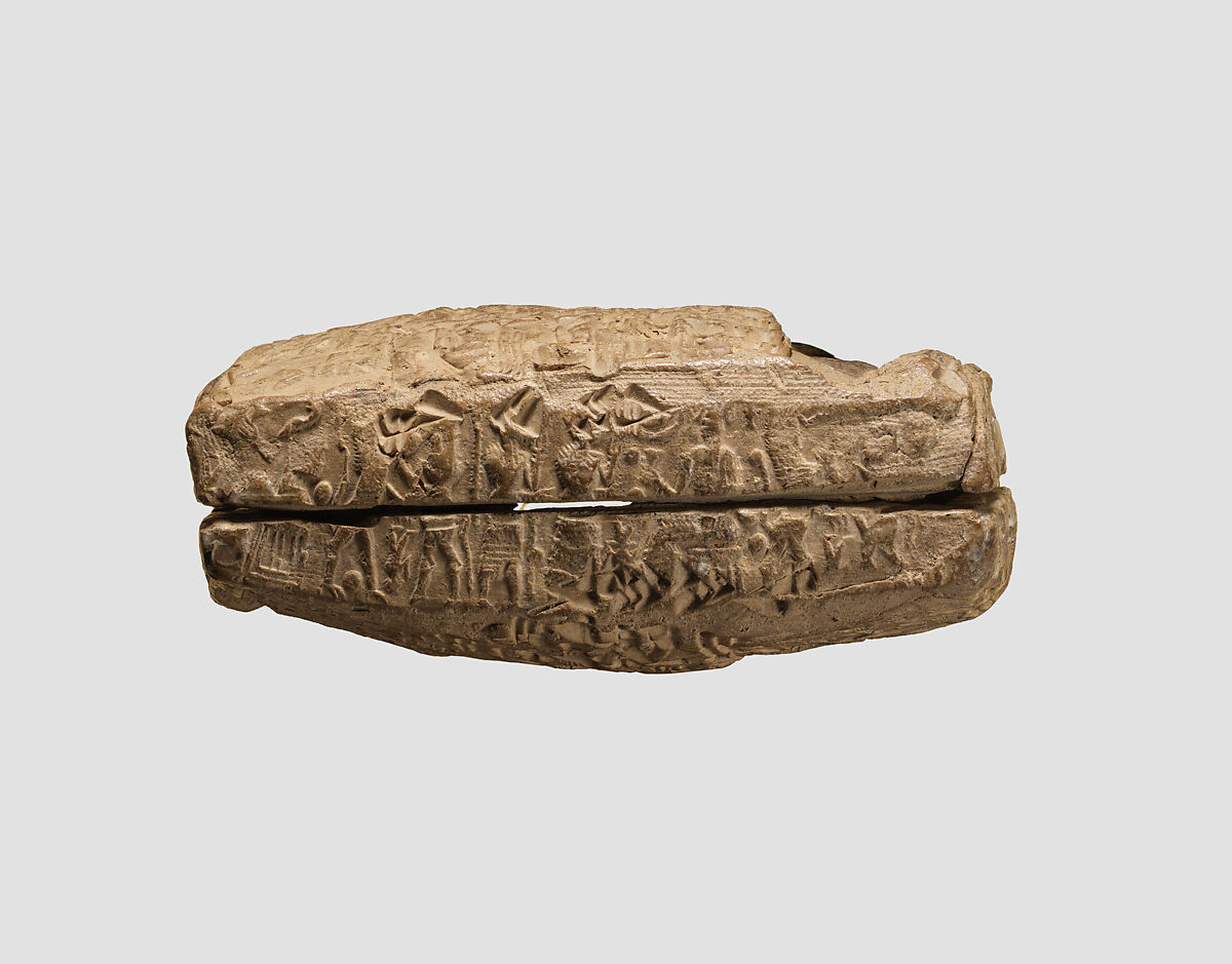 Cuneiform tablet case impressed with two cylinder seals, for cuneiform tablet 1983.135.5a: court deposition, Clay, Old Assyrian Trading Colony