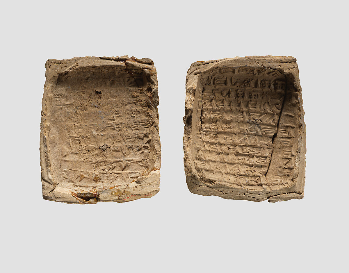 Cuneiform tablet case impressed with two cylinder seals, for cuneiform tablet 1983.135.5a: court deposition, Clay, Old Assyrian Trading Colony