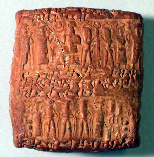 Cuneiform tablet case impressed with three cylinder seals, for cuneiform tablet 66.246.18a: quittance for a loan in copper
